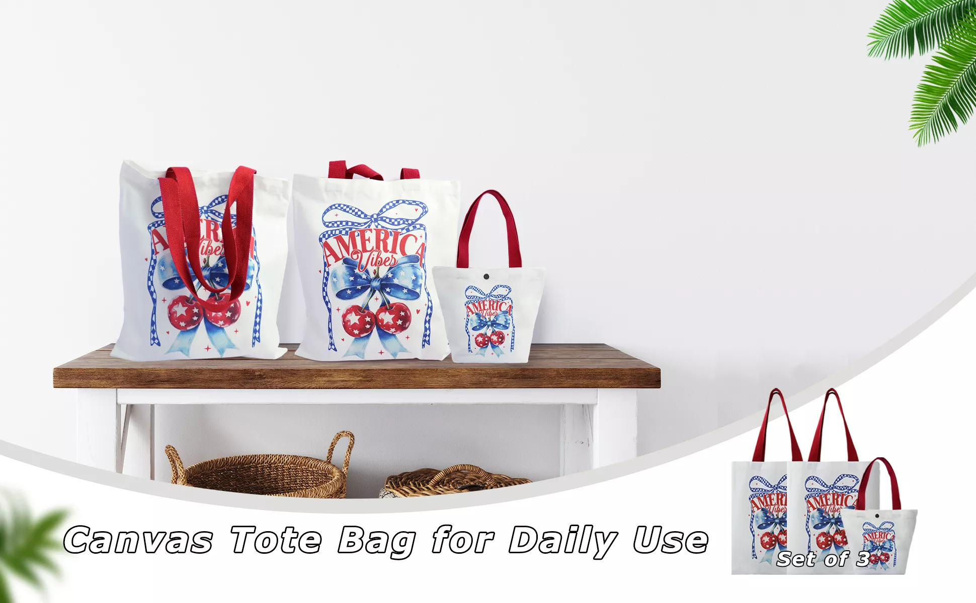 American Flag Cherry Bow Canvas Tote Bag,  Reusable Shopping Handbag for Daily Use